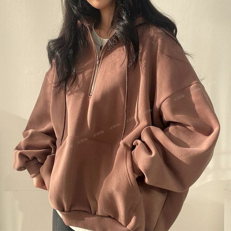 Hoodie Fashion Korea Wanita Longgar 2023 Warna Solid Hoodie Kasual untuk Wanita Kaus Bertudung Esensial dengan Ritsleting Perempuan