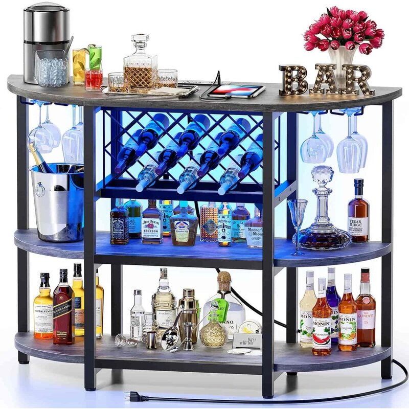 Bar Table Cabinet with Power Outlet, LED Home Mini Bar Cabinet for Liquor, Metal Wine Bar Stand with 4-Tier Storage, Easy to