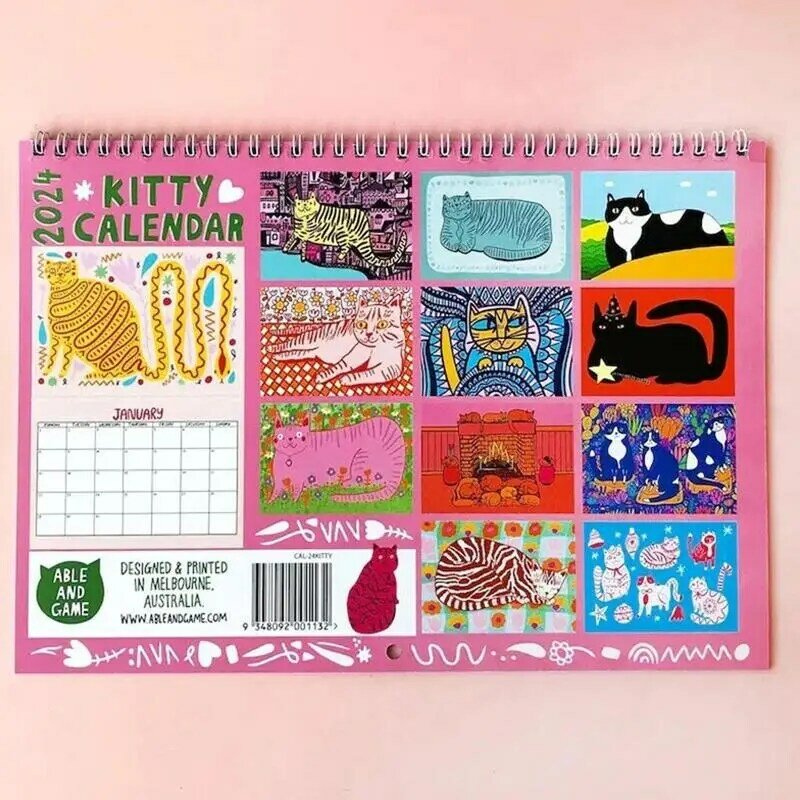 Calendário Pink Cat para sala de estar, Kitten Wall Planner, Decorações para casa, 2024