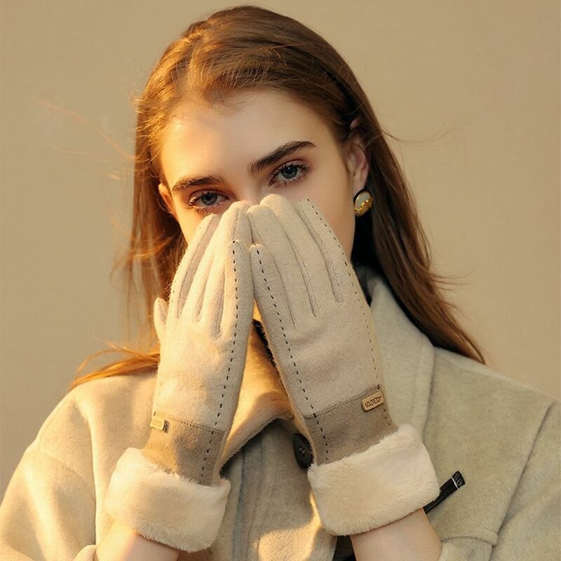 ถุงมือให้ความอบอุ่นสำหรับผู้หญิงถุงมือกำมะหยี่หนานุ่มสำหรับฤดูหนาวกันลมมีความยืดหยุ่นผ้าขนแกะ
