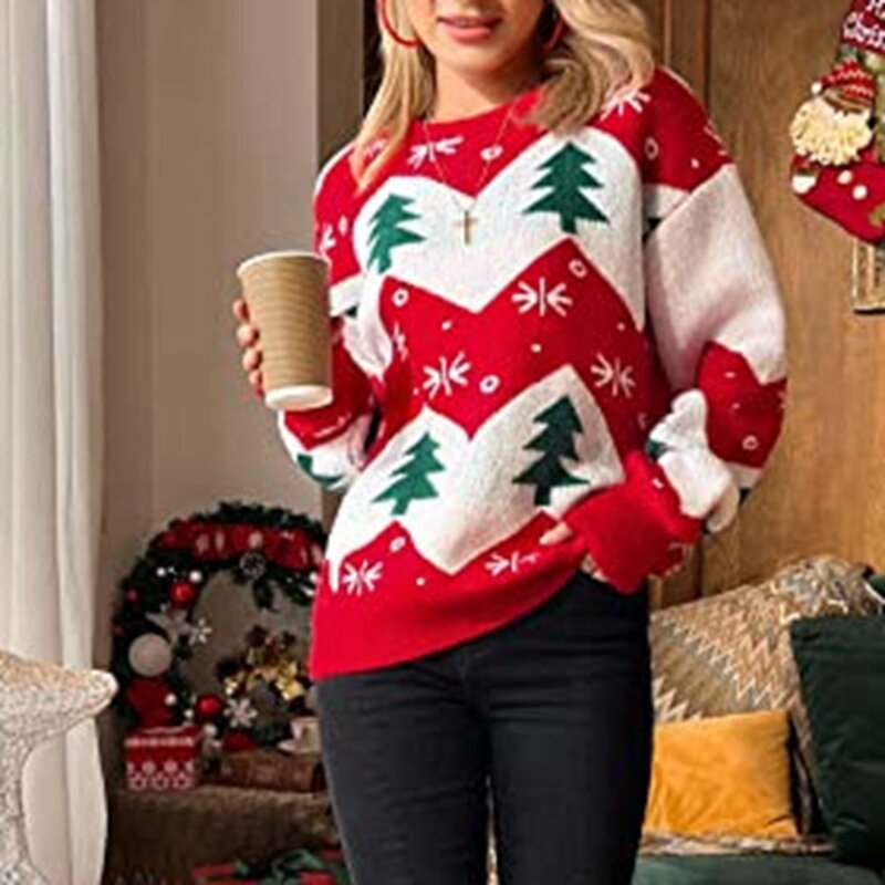 Sweater Pullover wanita, atasan jumper Jacquard lengan penuh motif Pohon Santa rajut tebal hangat Natal musim dingin