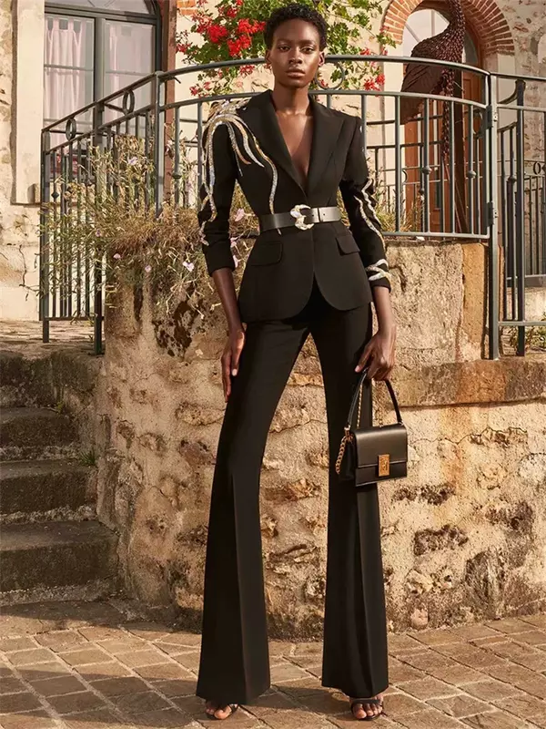 Luxus schwarze Frauen Anzüge mit Gürtel 2 Stück Kristall jacke Hose weibliche Frühling Büro Dame Business Arbeit tragen Mantel Ballkleid