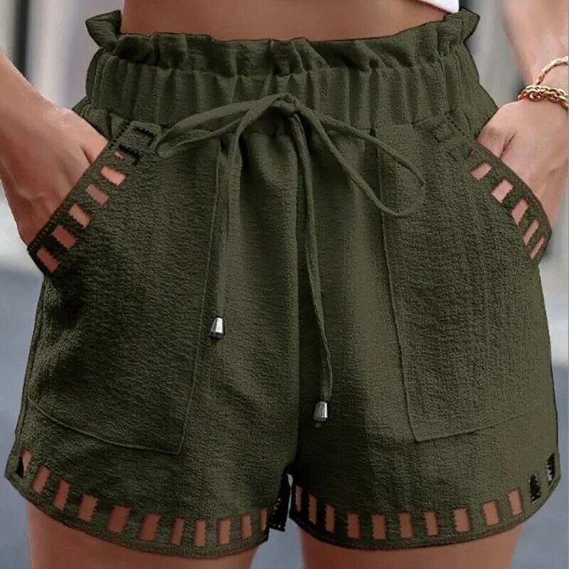 High Street Women Pocket Slim Shorts 2024 Summer Lace-up Hollow Out Trousers Casual Female Elastic Waist Solid Color Pants