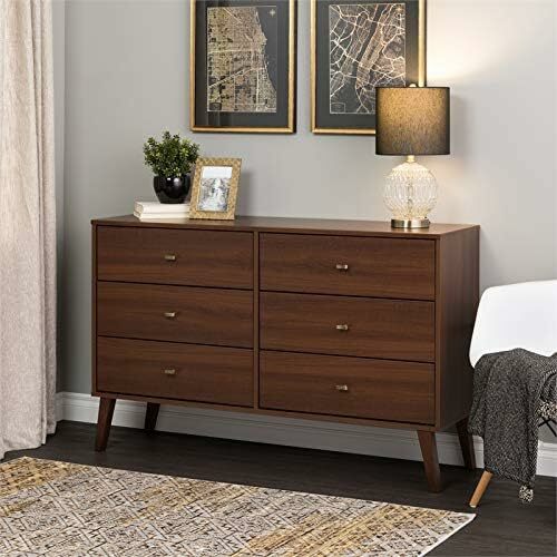 Prepac Milo Mid-Century 6 Drawer Dresser for Bedroom, 16" D x 52.50" W x 33" H, Cherry & Milo 2-Drawer Tall Nightstand
