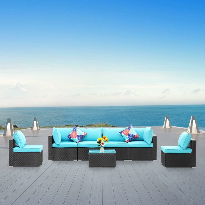 7 Pieces Outdoor Furniture Set, PE Rattan Wicker Sofa Sets, Patio Furniture Conversation Sets with Tea Table & Cushions
