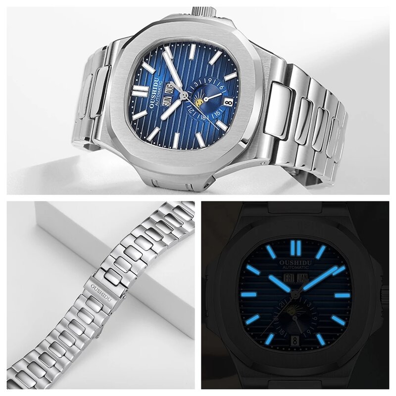 Relógios de luxo mecânicos automáticos multifuncionais masculinos, relógio de pulso clássico em aço impermeável, relógio esportivo casual masculino