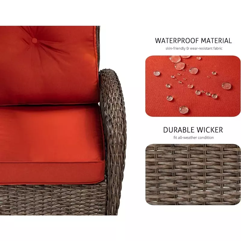Набор мебели для патио из 3 предметов, уличный шарнирный рокер, Плетеный комплект для патио и бистро с качающимся стулом, подушками и столом (красный)