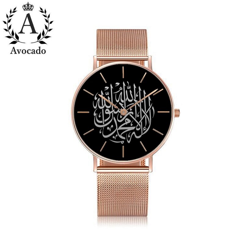 Relógio de quartzo rosa dourado masculino, relógio de abacate fashion simples arábico pulseira de malha de aço inoxidável esportivo