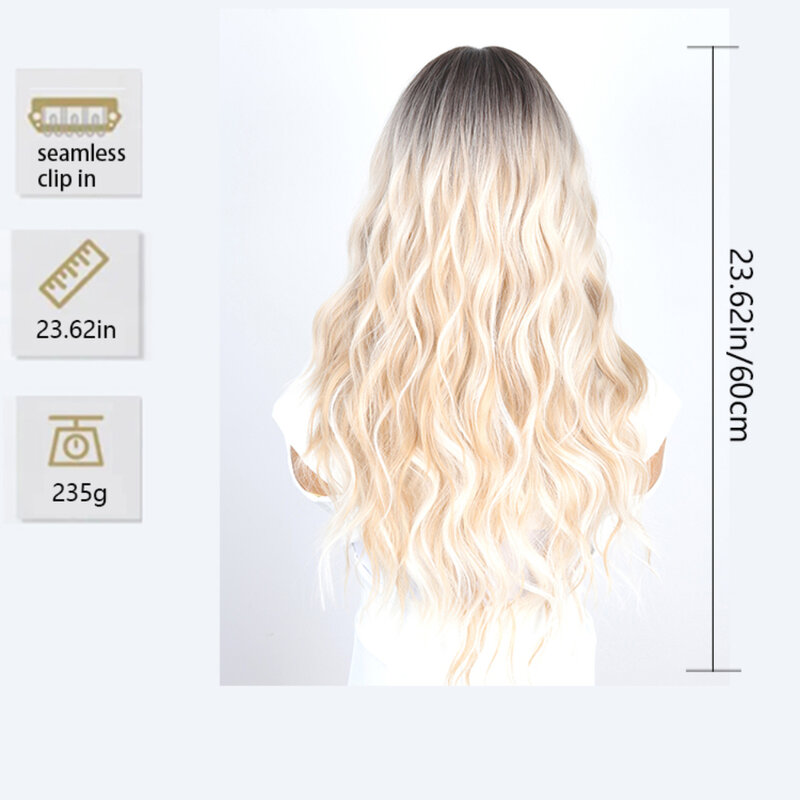 Wig sintetis untuk wanita, rambut palsu panjang bergelombang dengan poni harian suhu tinggi penutup kepala sutra modis gradien putih Set