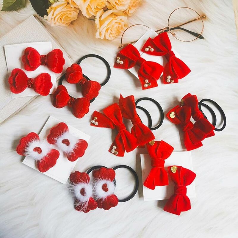 Barrettes Children Hairpins Bow Hair Grip Red Hairpins Bow Hair Ring Kids Bow Hair Clips Hair Rope Chinese New Year Hairpins