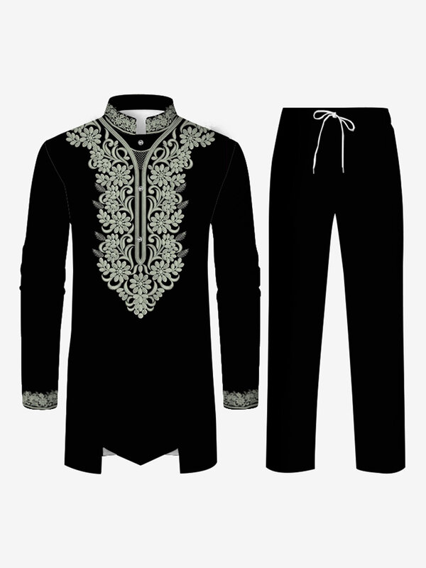 Dwuczęściowa męska muzułmańska szata dwuczęściowa odzież i spodnie bliskowschodni arabska kostium muzułmańska odzież modlitewna nadruk muzułmański ubrania