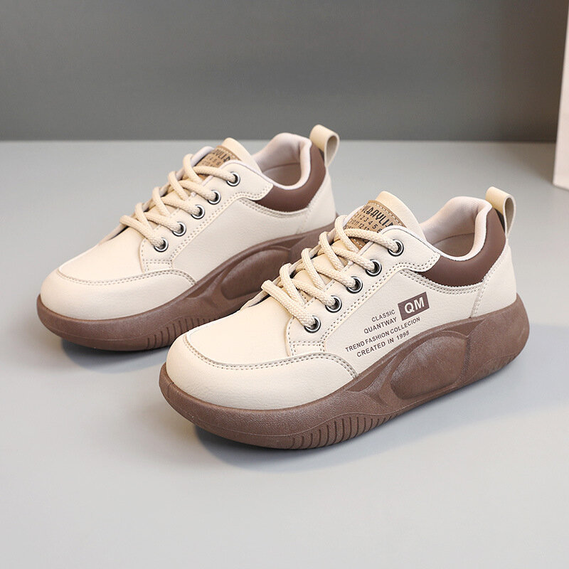 New 2024 Spring Casual Thick Bottom Shoe Korean Sports Women's Leather Vulcanize Shoes Platform Sneakers Comfortable
