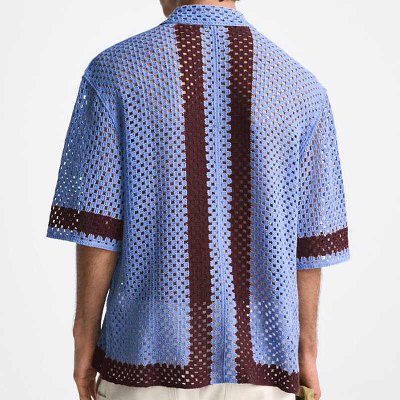 Letnia męska koszulka z krótkim rękawkiem dorywczo wydrążona oddychająca sweter dziergany moda luźna kontrastowa kolorowa klapa koszula