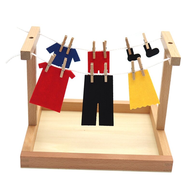 Early Education Life Teaching Wooden DIY Mini Simulation Clothes Drying Frame Clothes Suit Training Toy
