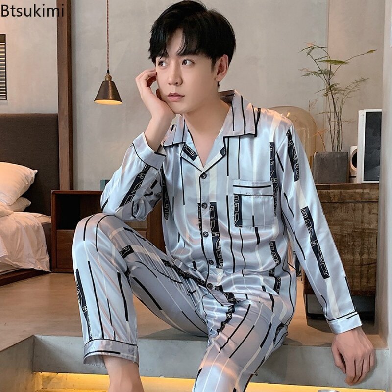 New Loungewear Men's Fashion Long Sleeve+Pants Satin Soft Pajama Sets Comfort Jacquard Ice Silk Home Wear Sleepwear Suit for Men