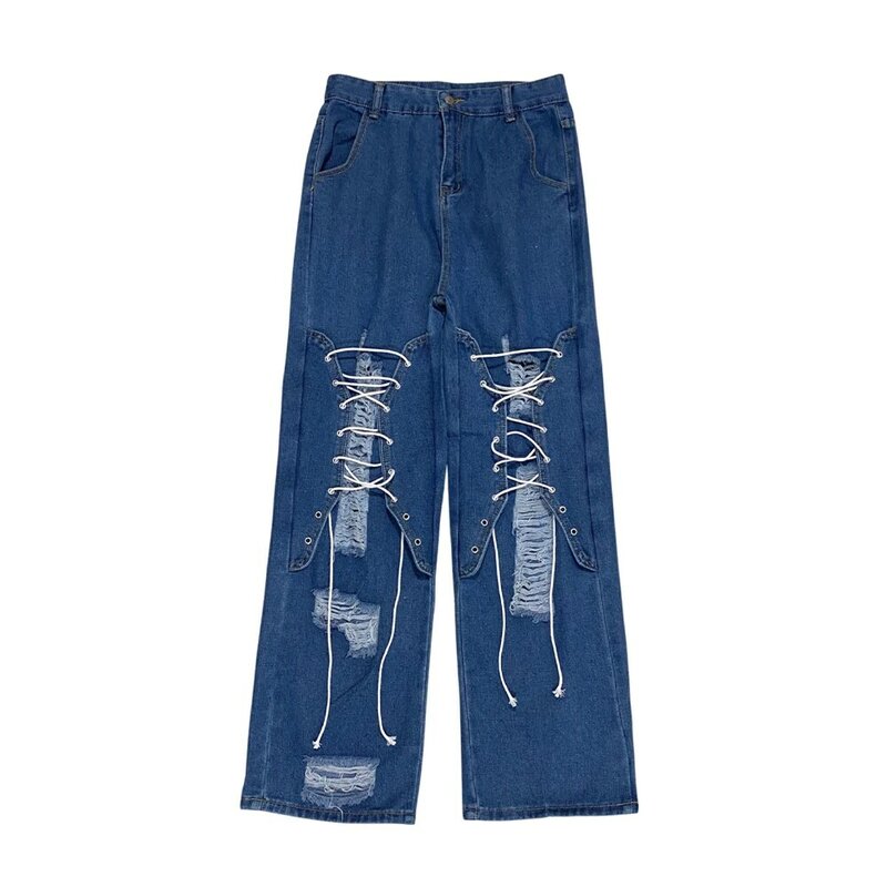 High street casual rendas acima rasgado jeans baggy y2k design de moda feminina hip hop calças casais até o chão calças jeans calças largas