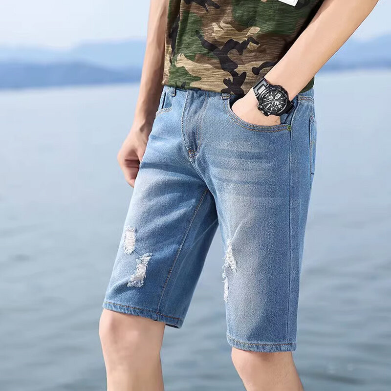 Calça jeans perfurante lavável personalizada para homens, calça média casual grande, verão, nova, 28-40