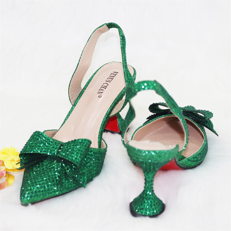 Fashionable New Design Nigerian Design Italian Women Shoes and Bag Set in Green Color Decorate with Rhinestone for Party