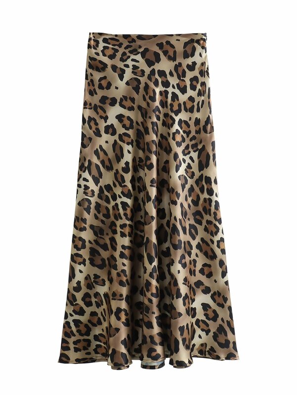Falda Midi con estampado de leopardo y textura de seda para Mujer, falda Vintage de cintura alta con cremallera trasera, 2024