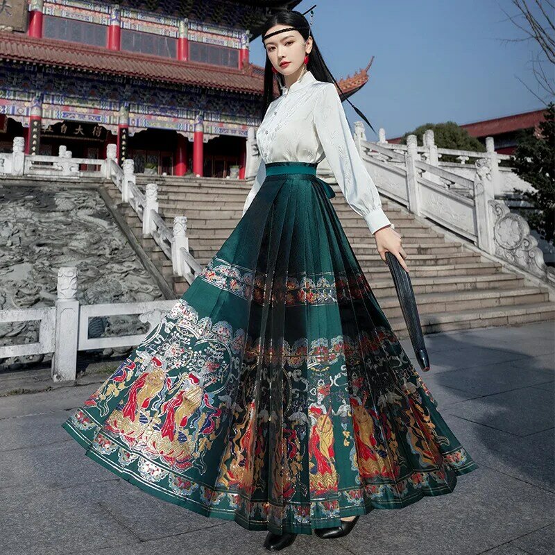Women Pleated Skirt Ladies Elegant Horse Face Skirt Chinese Traditional Dress Embroidered Skirt Daily Horse Face Pony Skirt