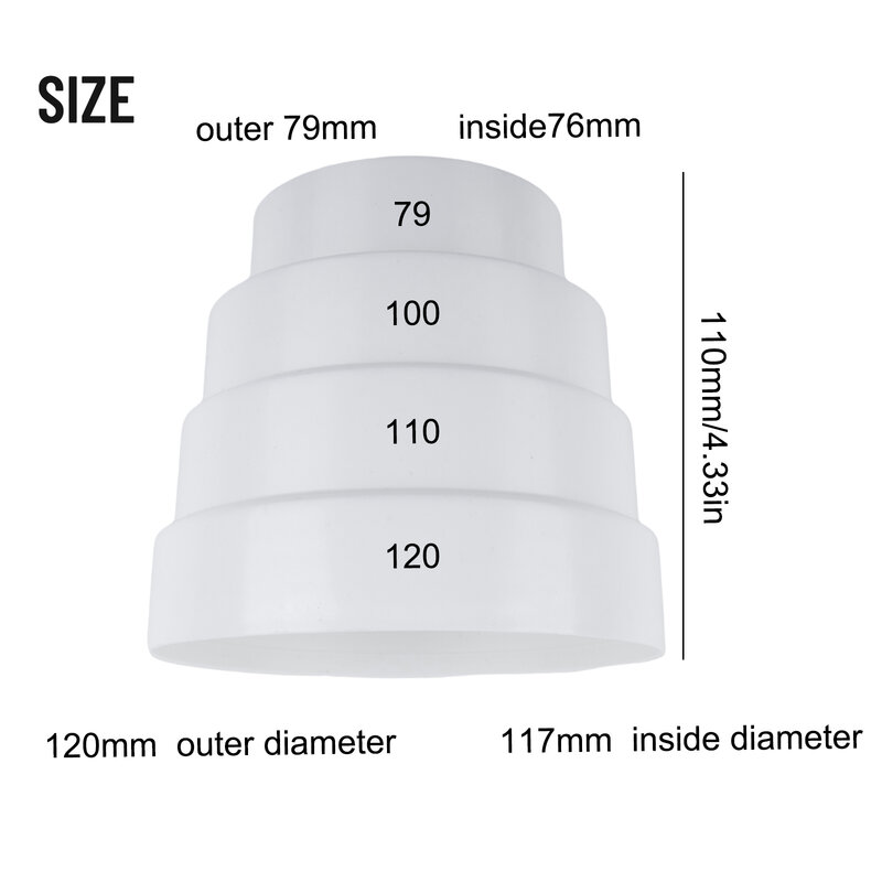 ファンパイプマルチリダクションポインター、製品用の白いabsプラスチック素材、高品質、80mm、100mm、110mm、120mm、150mm、160mm