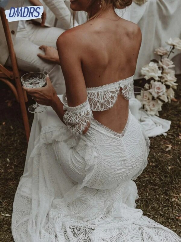 Vestidos de casamento do pescoço da praia, Lace Appliques Straight Dress para a noiva, Vestido de noiva até o chão, Elegante