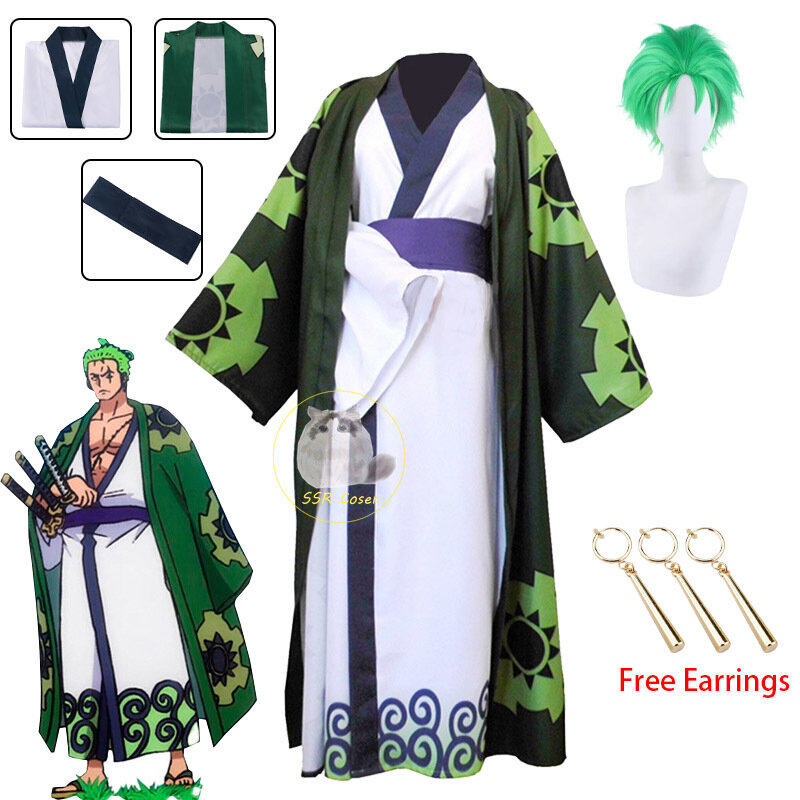 Costume de Cosplay Anime Roronoa Zoro pour Hommes, Robe Kimono Pays Wano Kuni, Perruque Zoro, Boucles d'Oreilles, Tenues d'Halloween, Costume de Carnaval
