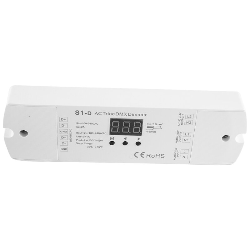 AC100V - 240V 288W 2CH Triac DMX LED Dimmer, uscita a doppio canale Silicon DMX512 Led Controller Display digitale S1-D bianco