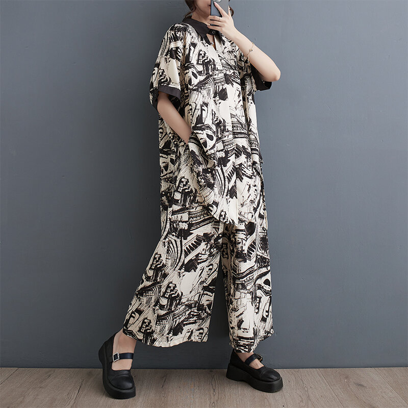 Blusa holgada fina con estampado Floral para mujer, pantalones de pierna ancha de cintura alta, 2 piezas, moda urbana, conjunto informal de verano