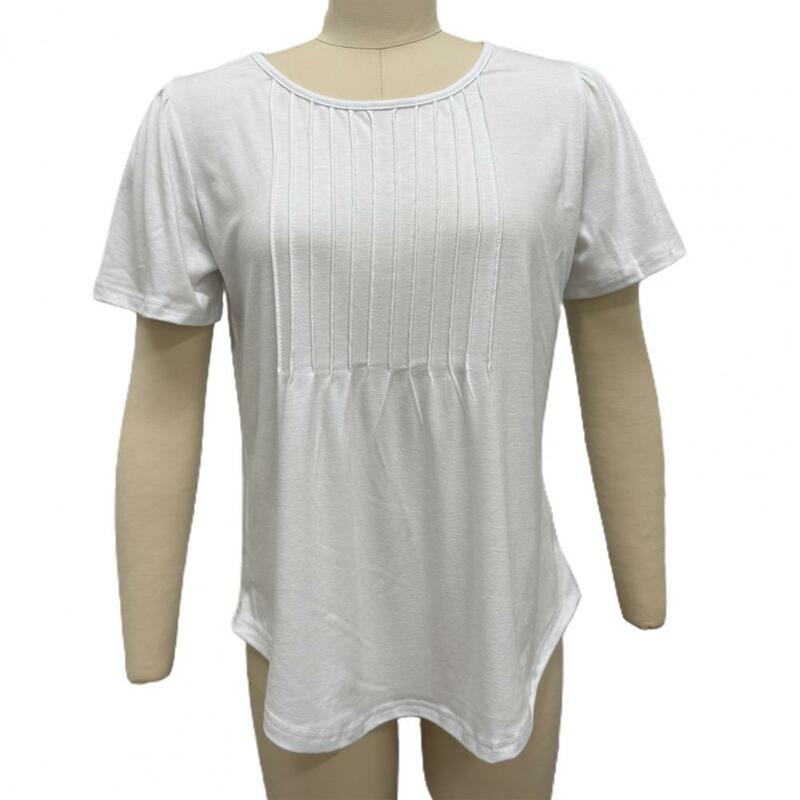 Camiseta plissada com decote em O feminino, blusa elástica, coleção de camiseta casual, pulôver solto, elegante, monocromático, verão