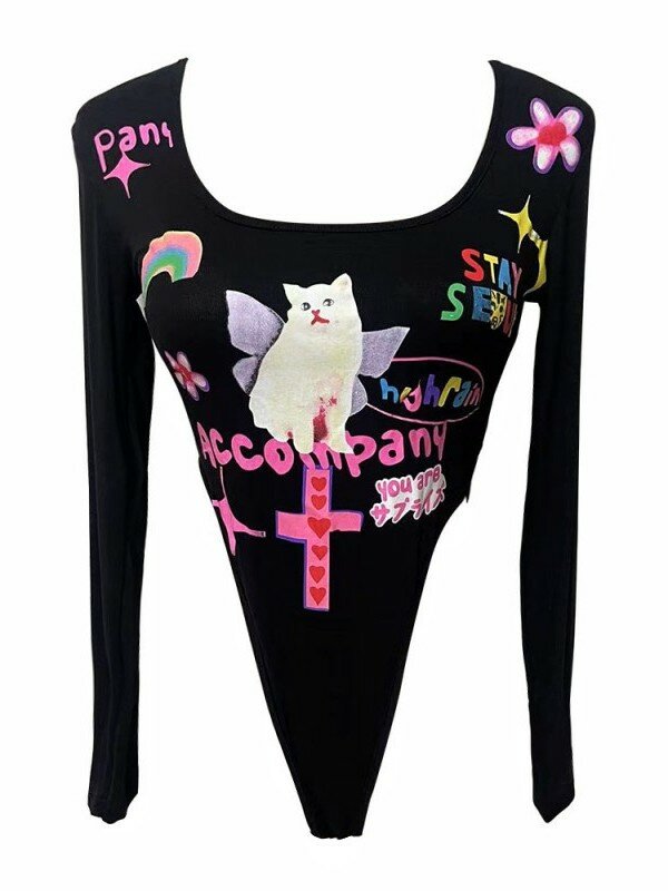 Cartoon Bodysuits Lovely Sexy Printing Slim Long Sleeve Bodysuit Top Female Fahsion Women Tops Sweet Graffiti 2023 Tops NV7J