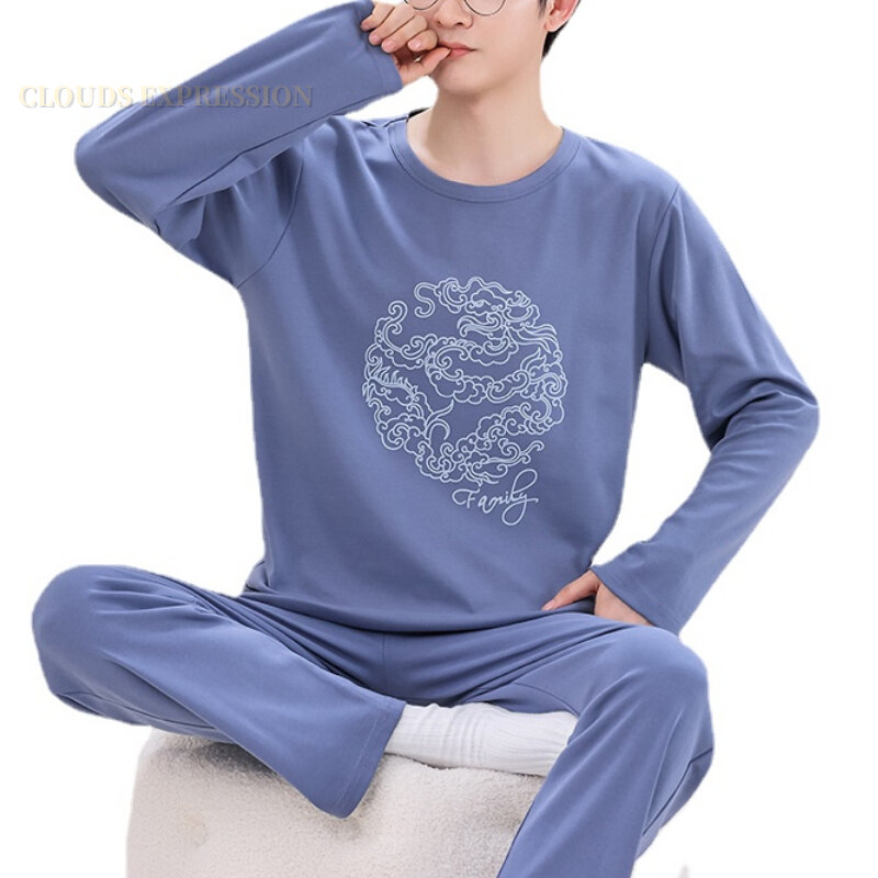 Пижамный комплект мужской вязаный большого размера 5XL, одежда для сна с принтом облаков, повседневная одежда для отдыха, модная ночная рубашка, весна-осень