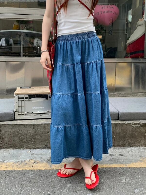 Benuynffy Vintage Rüschen Saum Jeans rock Frauen Frühling Sommer koreanische lässige elastische Taille A-Linie weibliche Schaukel lange Röcke