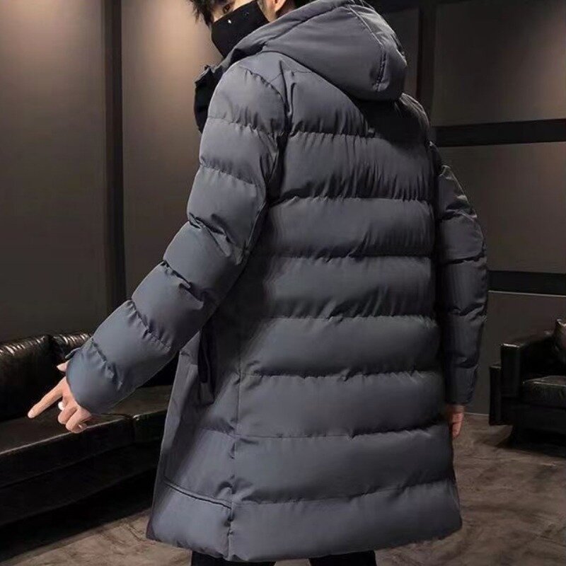 Mantel panjang katun bertudung pria, mantel longgar setengah panjang musim dingin, jaket penahan angin hangat parka bertudung pakaian luar santai 2023