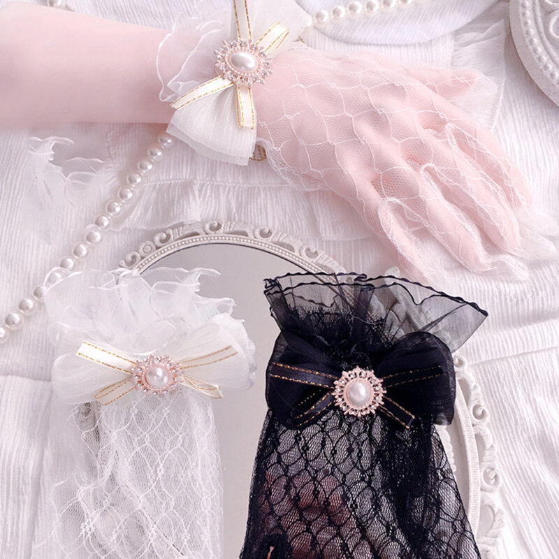 ญี่ปุ่นสาวนุ่มสีดำสีขาวลูกไม้ถุงมือสาว Lolita ตาข่ายดอกไม้ลูกไม้ถุงมือหวานสายรัดข้อมือแม่บ้าน Cosplay เครื่องประดับ