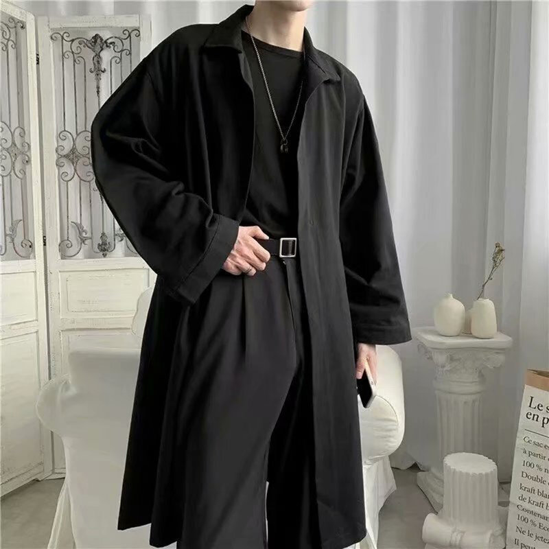 Autumn Spring Men's Long Trench Coat Male Streetwear Trenchcoat Men Solid Casual Loose Shirt Style Overcoat Trench With Belt