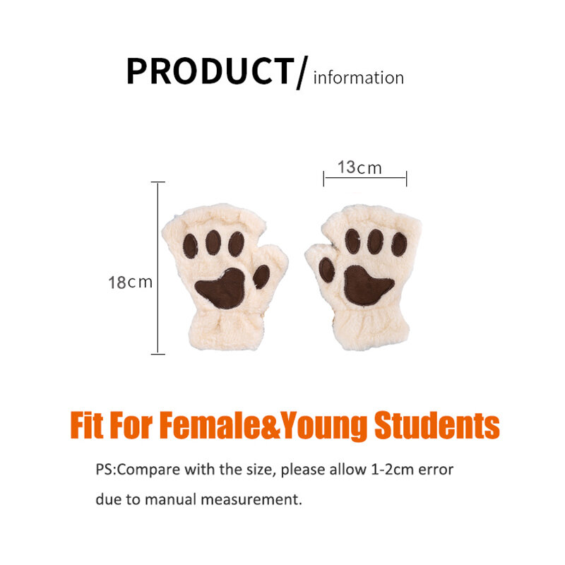 Women Cartoon Cat Claw Gloves Girls Thickened Plush Lovely Style Bear Paw Exposed Fingers Half Finger Winter Warm Gloves T01