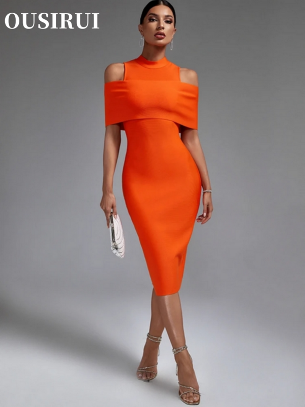 Vestido de fiesta ajustado con hombros descubiertos para mujer, traje elegante, Sexy, Midi, para cumpleaños y Club nocturno, naranja, 2024