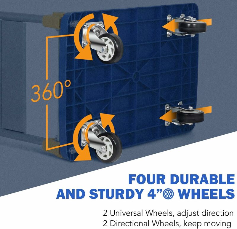 Caminhão plataforma com rodas giratórias de 360 graus, carrinho dobrável para carregamento e armazenamento, azul, capacidade de 440lb