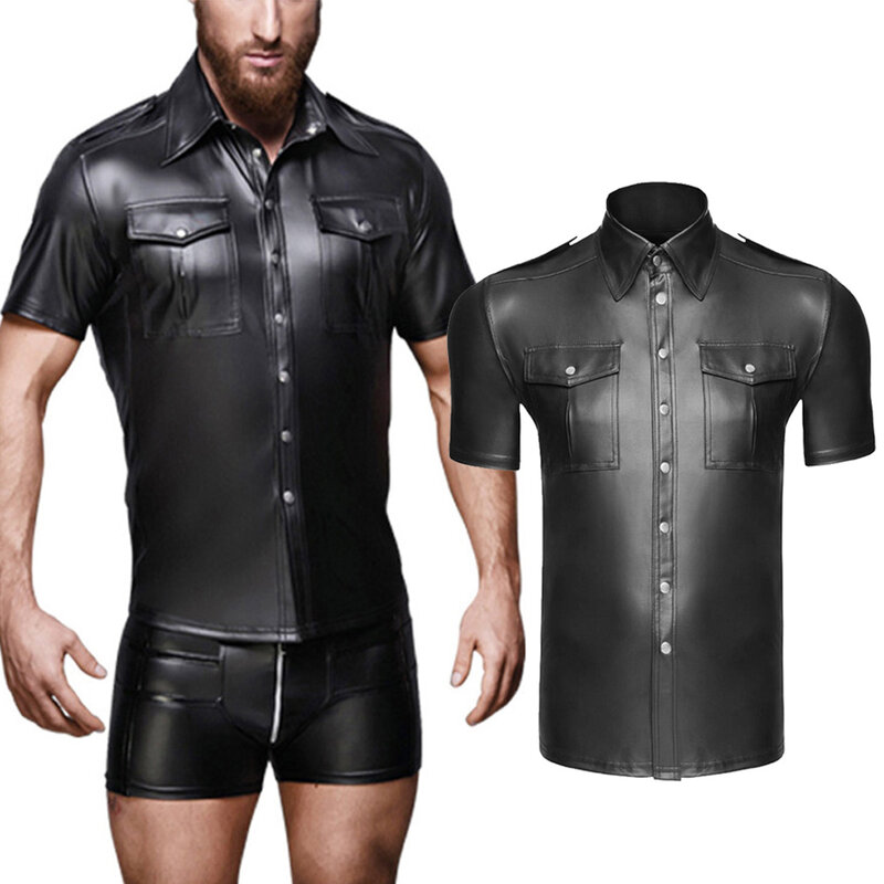 Autumn Top Men\\\'s Clothing Men Regular Short Sleeve Solid Color Tee Top Blouse Uniform Shirt Wet Look Comfortable