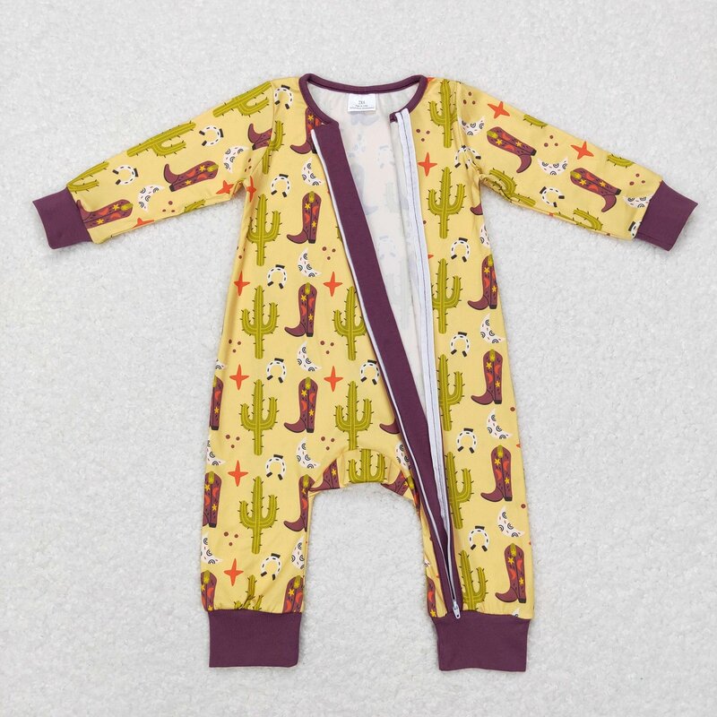Wholesale Toddler Western Clothes Kid One-piece Newborn Coverall Bodysuit Zipper Long Sleeves Boots Cow Jumpsuit Baby Boy Romper