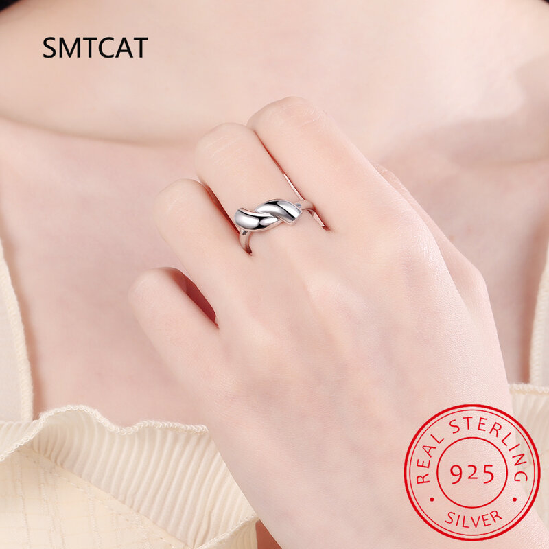 Anel de prata esterlina trançado suave para mulheres, anéis de dedo simples ajustáveis, joias da moda, presente de aniversário feminino