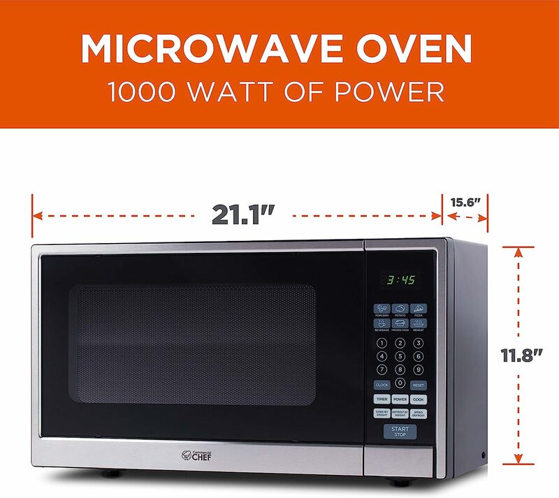 Commercial Chef Countertop Microwave, 1.1 Cubic Feet, Black With Stainless Steel Trim