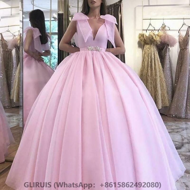Розовые платья для девушек, бальное платье с бантом, платье для выпускного вечера, бальное платье из тюля с V-образным вырезом и кристаллами, милое 16