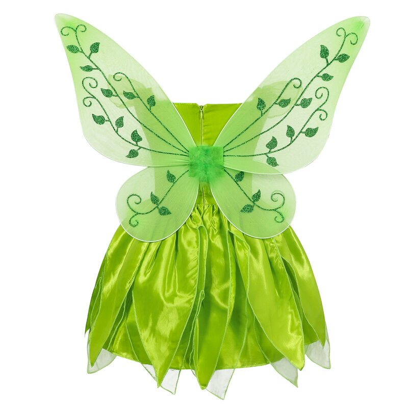 Gaun putri anak perempuan, gaun peri bunga dengan sayap kostum putri Halloween, Gaun bel Tinkerbell pesta