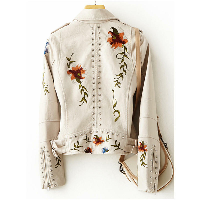 New Women Retro Floral Print Embroidery Faux Soft Leather Jacket Coat Turndown Collar Pu Motorcycle  Gothic Biker Punk Outerwear
