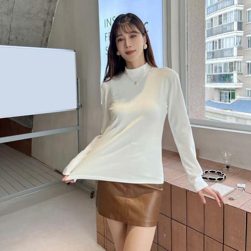 Pullover Blouse Cozy Velvet Stand Collar Women's Winter Top with Slim Fit Long Sleeve Soft Warm Heating One Size Lady for Fall