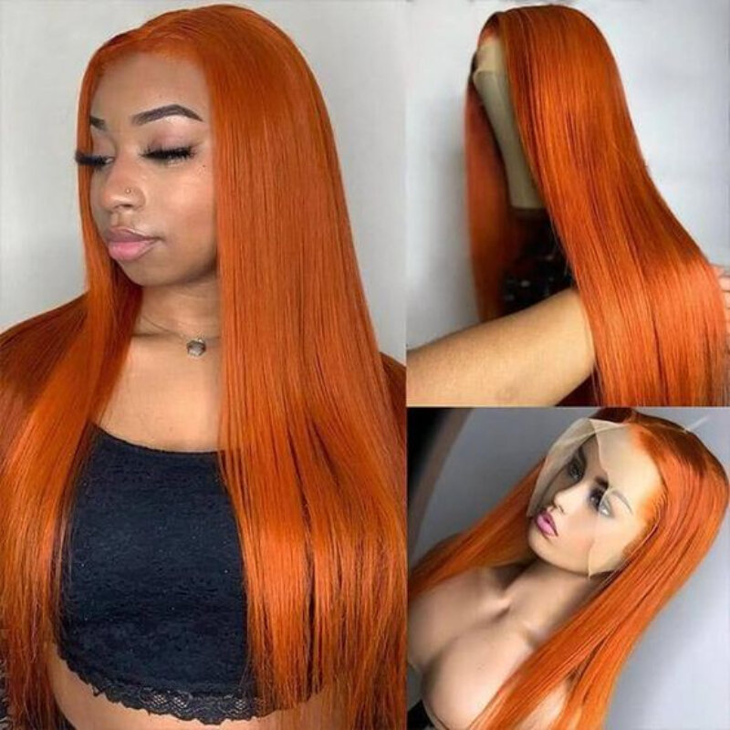 Parrucca frontale in pizzo arancione Set testa intera moda naturale realistico femminile capelli umani lunghi capelli lisci evidenziare parrucca