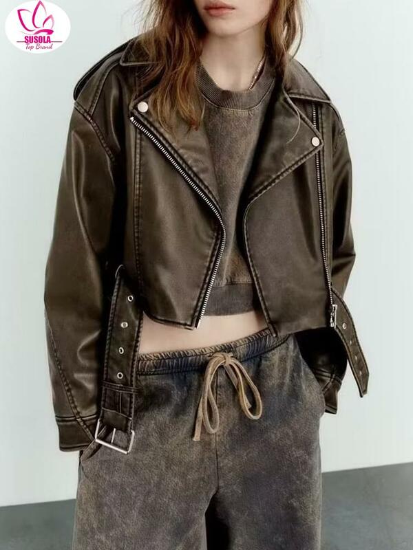 Куртка SUSOLA женская короткая из искусственной кожи, винтажная свободная уличная одежда из искусственной кожи на молнии, Байкерская верхняя одежда в стиле ретро