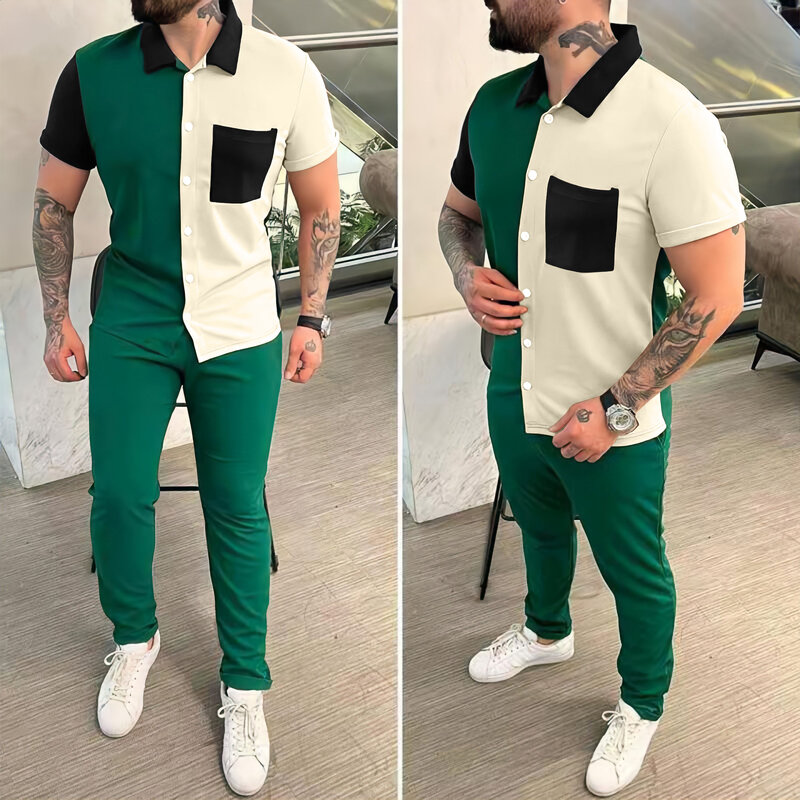 Spring and Autumn New Colored Men's Shirts, Short Sleeves, Long Pants, Trendy Casual Sports Set